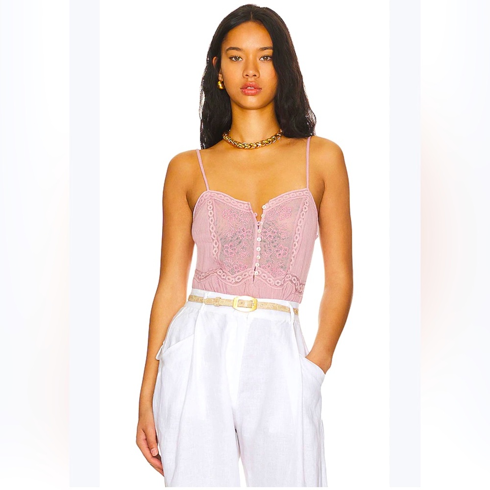 🆕 Free People’s Still the One Lace Trim Bodysuit in La Fleur in a Pink/Purple